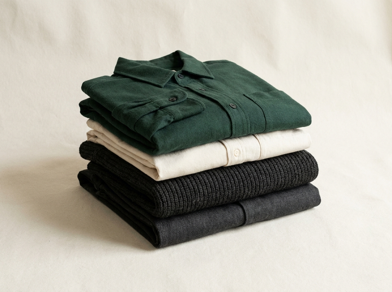 Vikta plagg — overshirt, skjorta, stickat och byxor