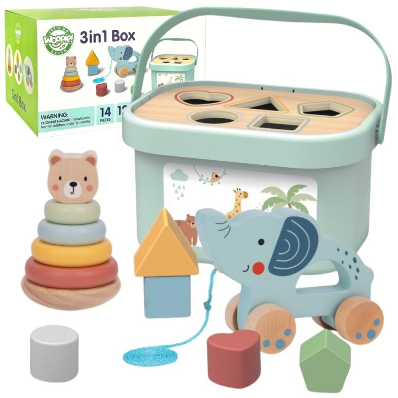 3in1 Toy Box - Sorting Blocks, Stackable Pyramid and Elephant On Wheels
