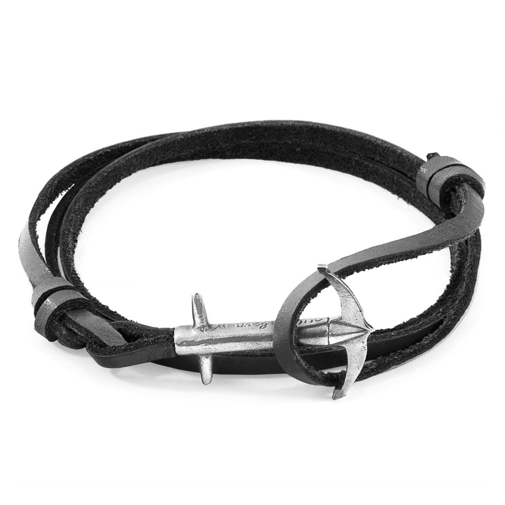 Admiral Anchor Silver and Flat Leather Bracelet - Coal Black