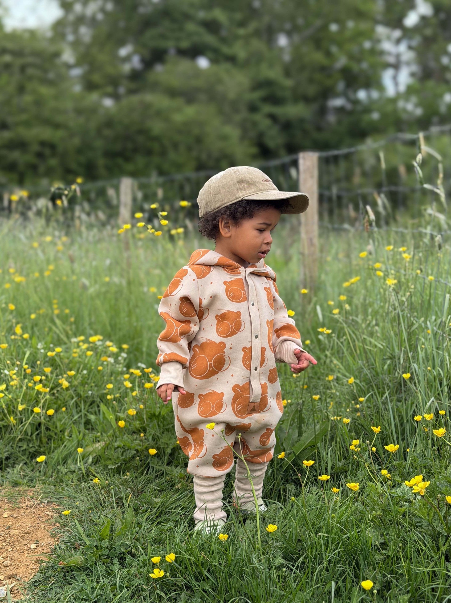 Baby Jumpsuit with Hood - Bear in Glasses on Beige