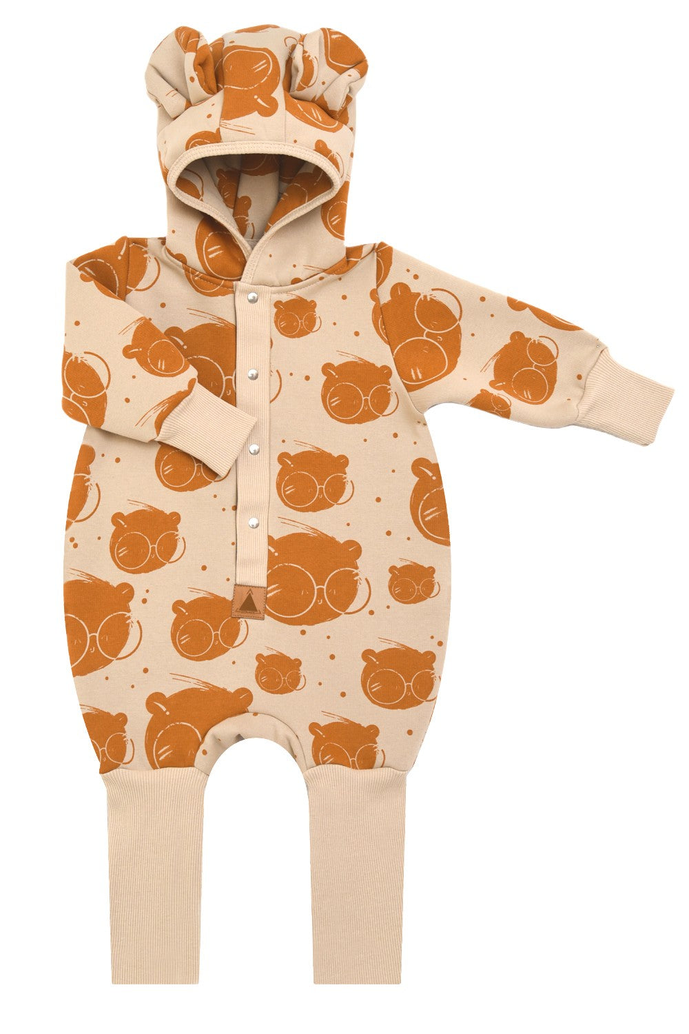 Baby Jumpsuit with Hood - Bear in Glasses on Beige