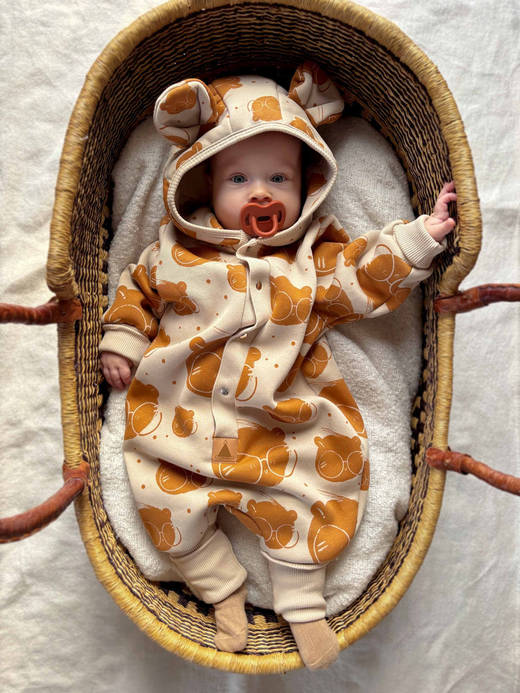 Baby Jumpsuit with Hood - Bear in Glasses on Beige