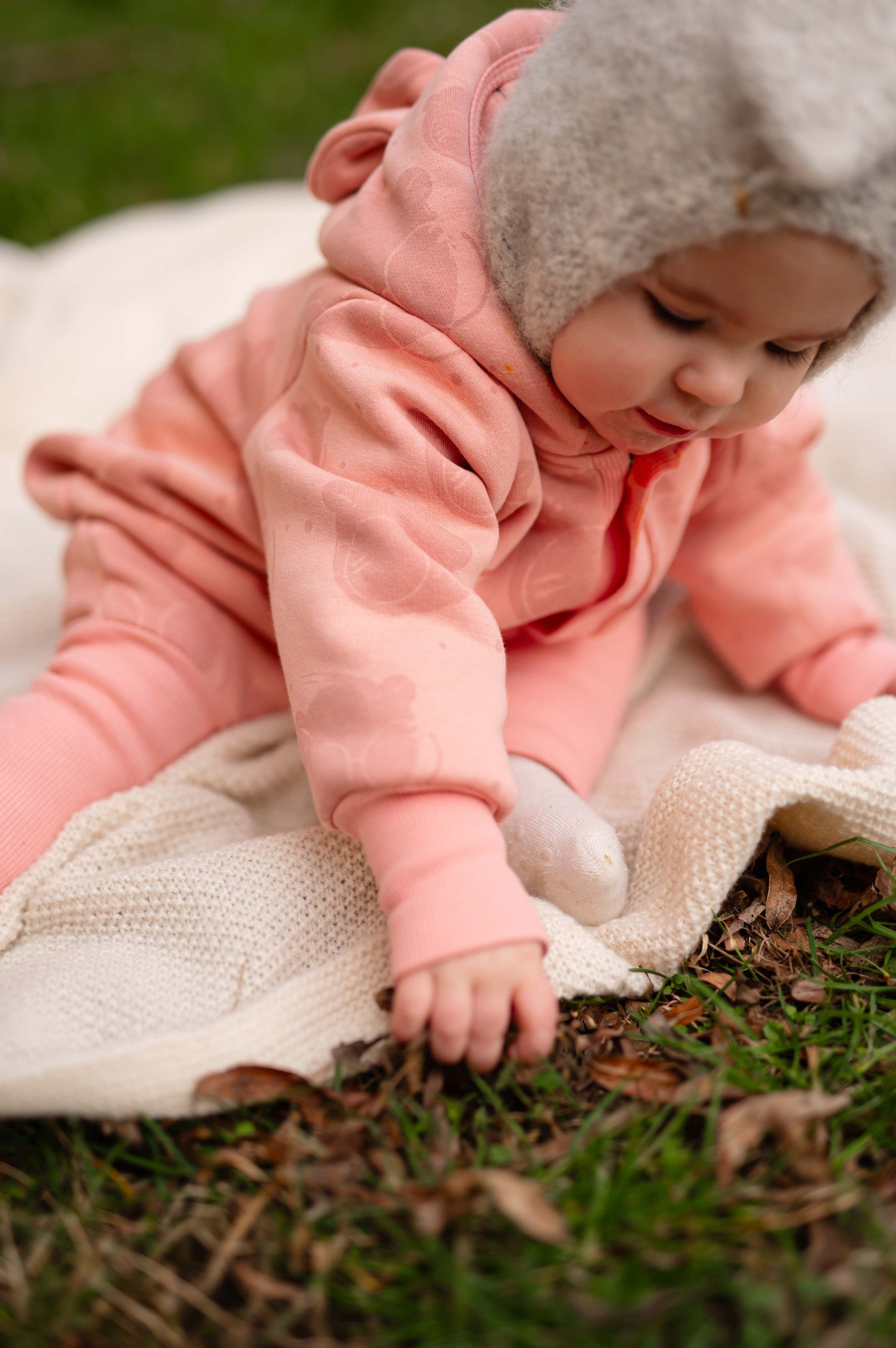 Baby Jumpsuit with Hood - Bear in Glasses on Peach Print