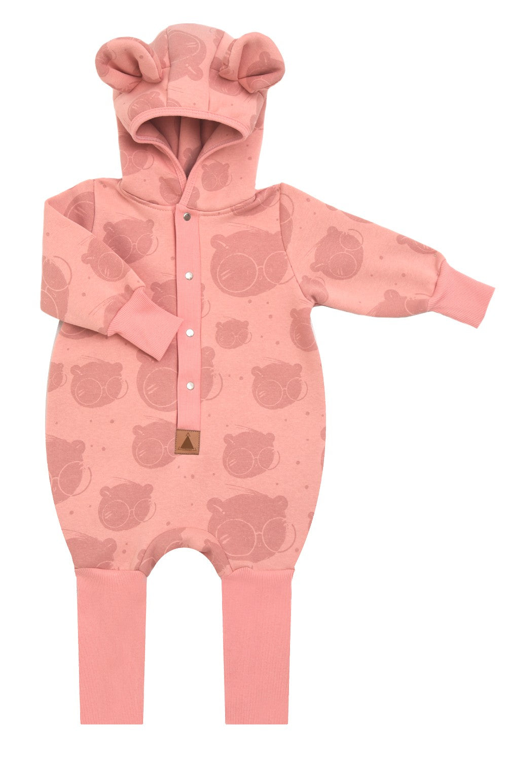 Baby Jumpsuit with Hood - Bear in Glasses on Peach Print