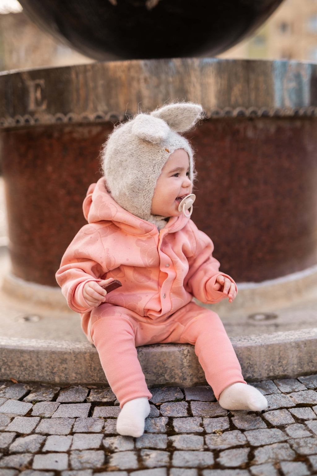 Baby Jumpsuit with Hood - Bear in Glasses on Peach Print