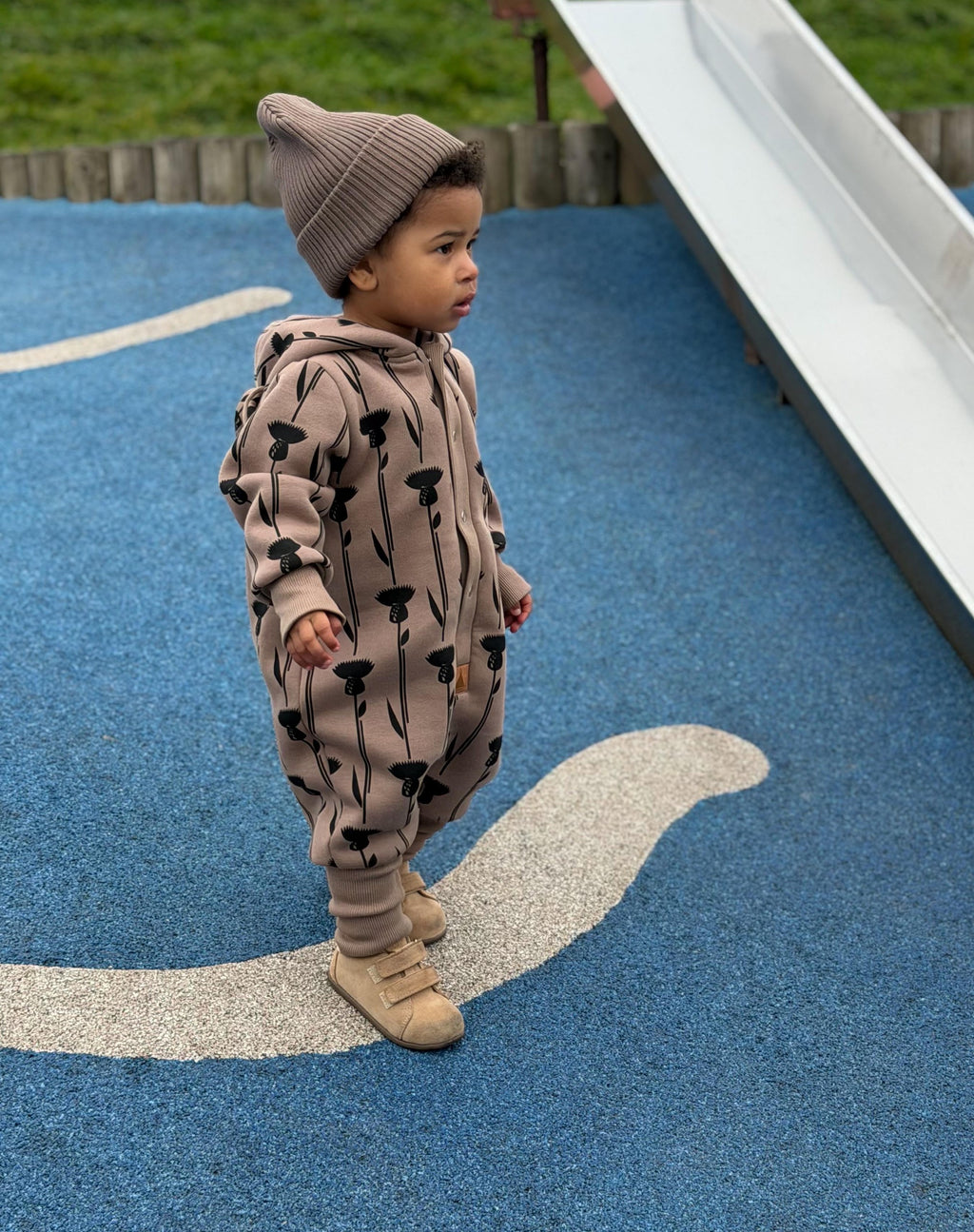 Baby Jumpsuit with Hood - Thistle on Brown
