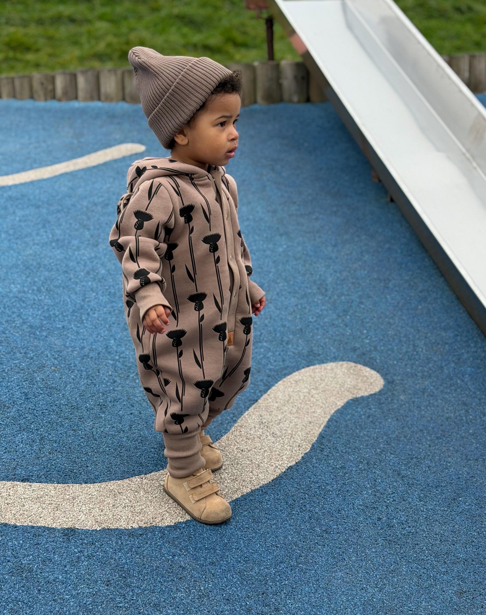 Baby Jumpsuit with Hood - Thistle on Brown
