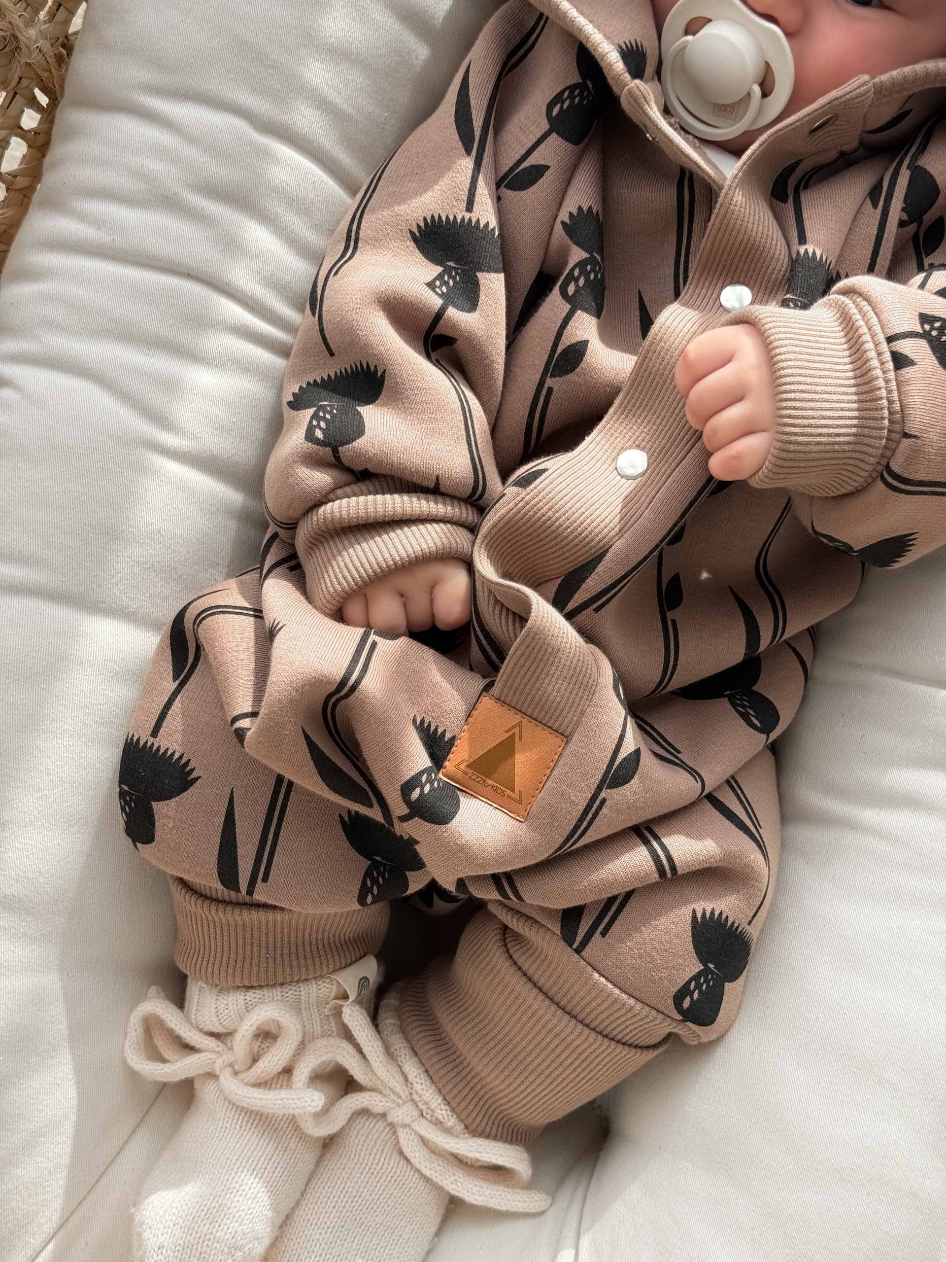 Baby Jumpsuit with Hood - Thistle on Brown