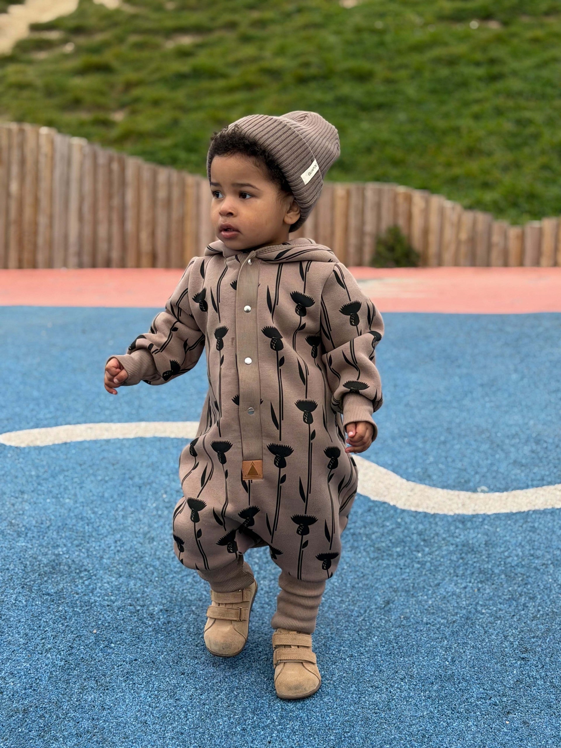 Baby Jumpsuit with Hood - Thistle on Brown