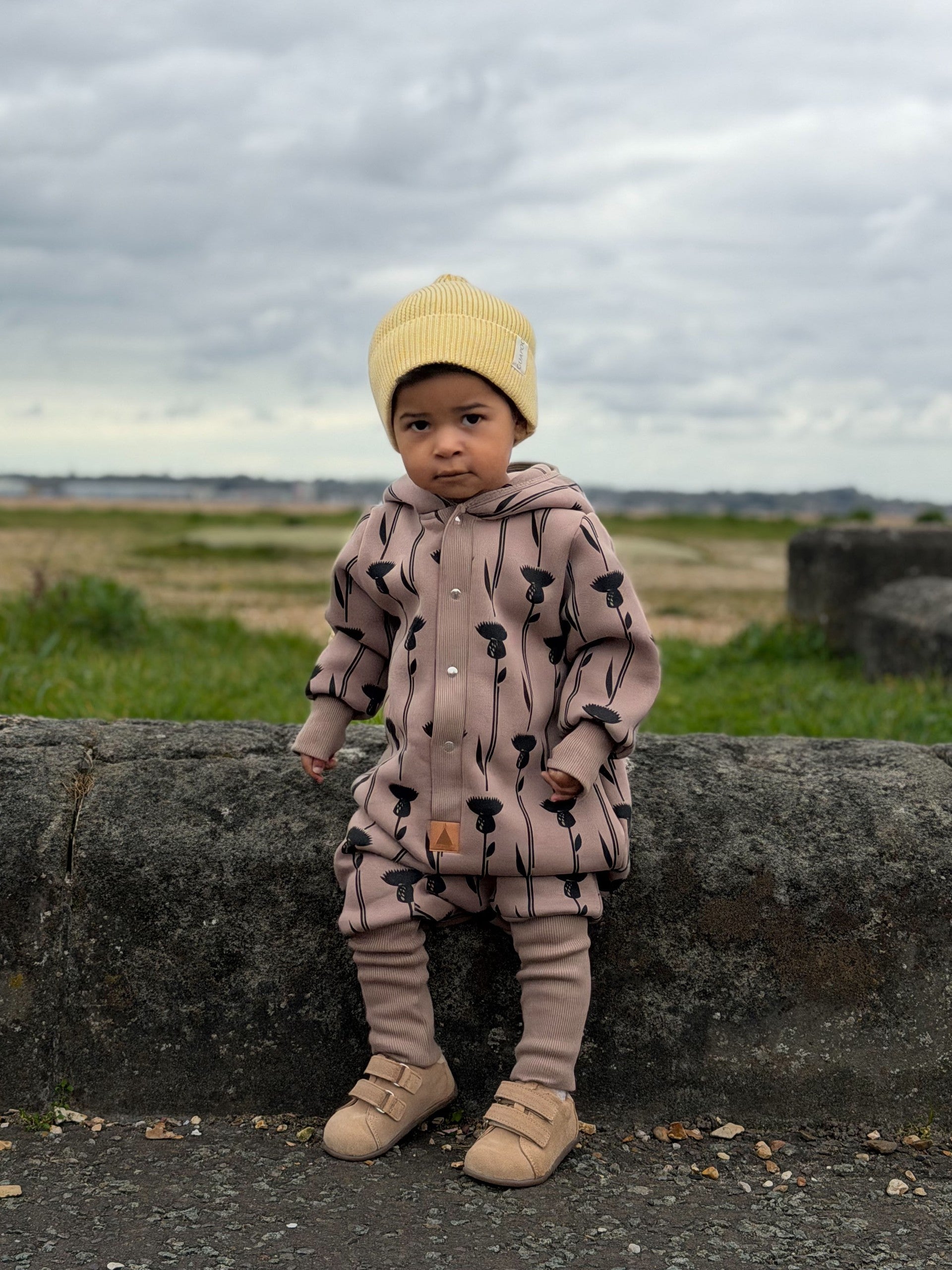 Baby Jumpsuit with Hood - Thistle on Brown