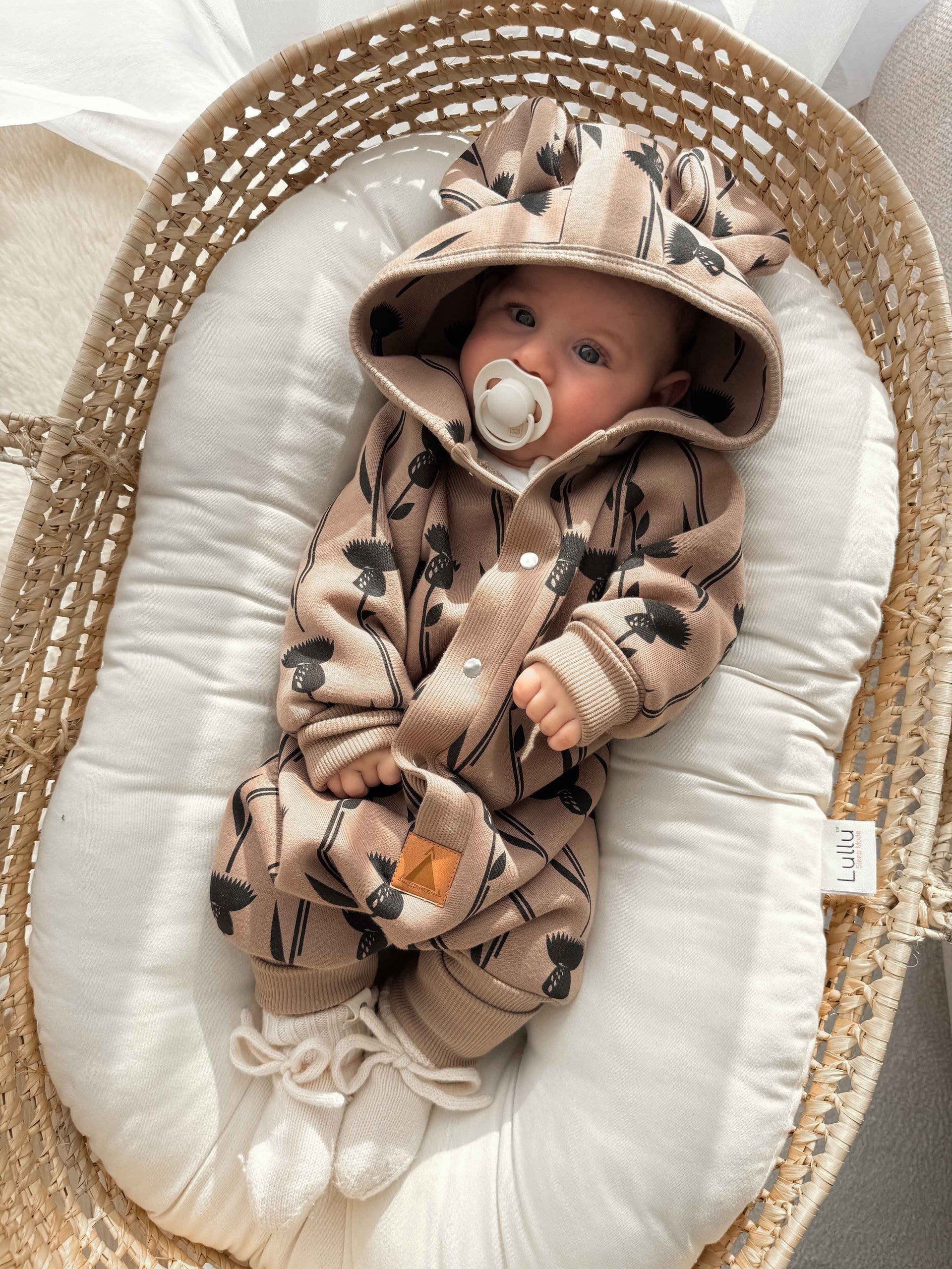 Baby Jumpsuit with Hood - Thistle on Brown