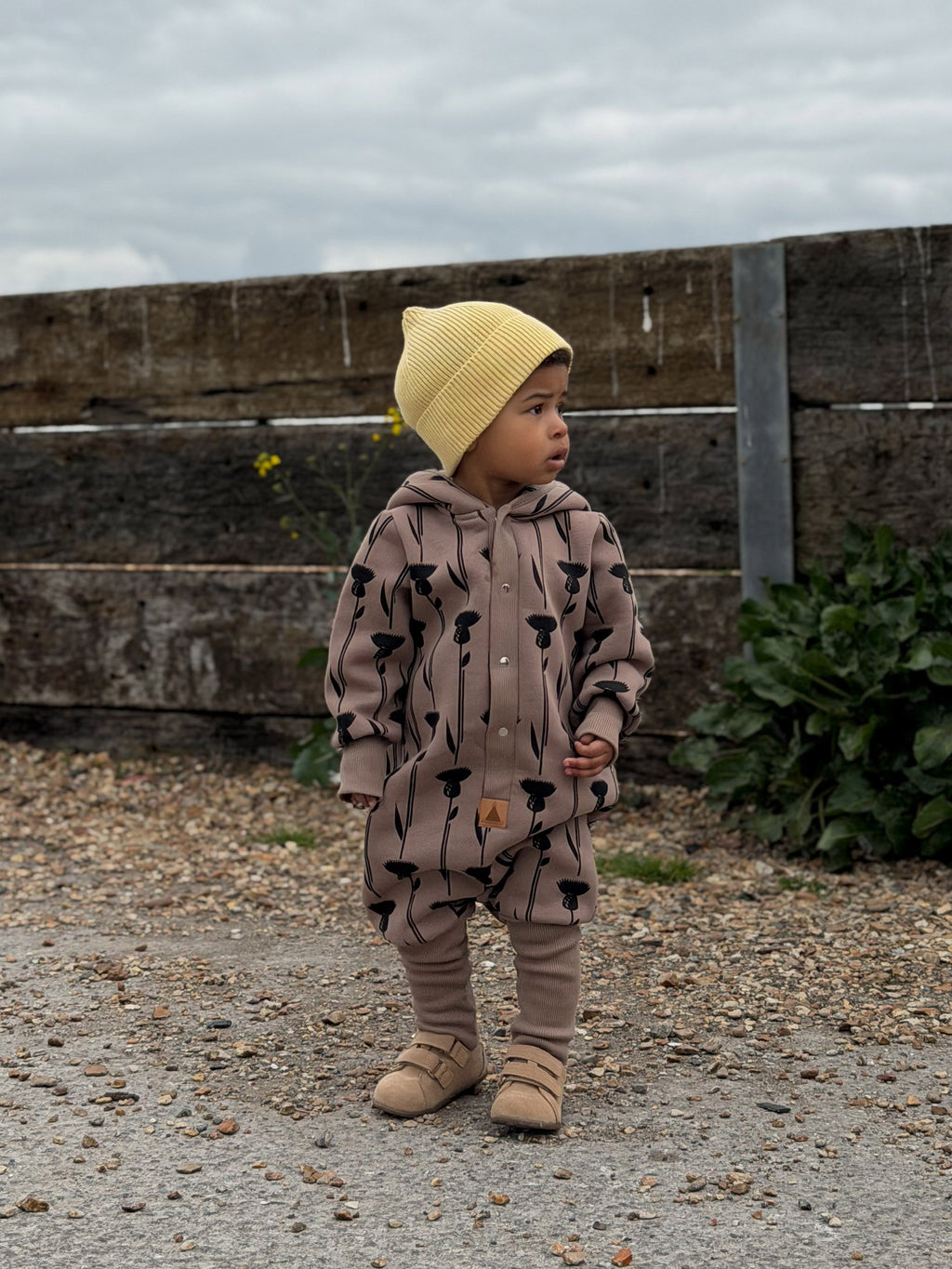 Baby Jumpsuit with Hood - Thistle on Brown