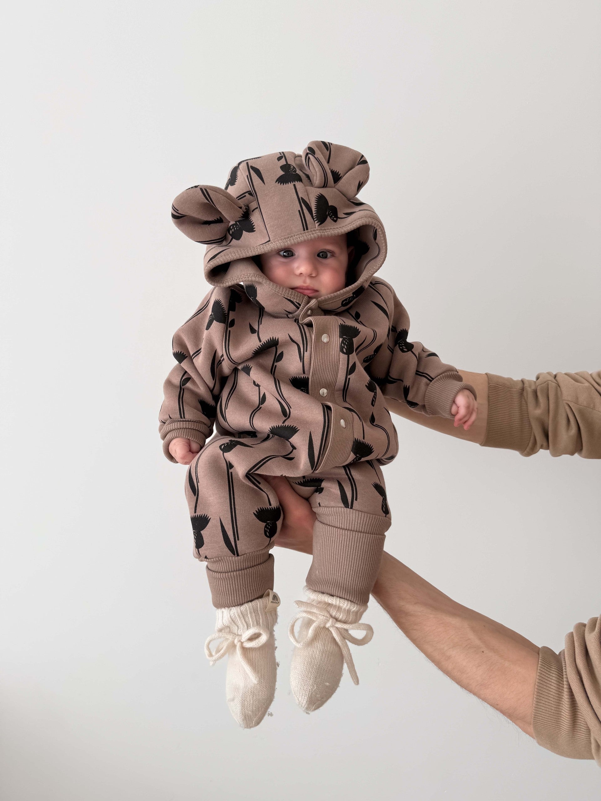 Baby Jumpsuit with Hood - Thistle on Brown