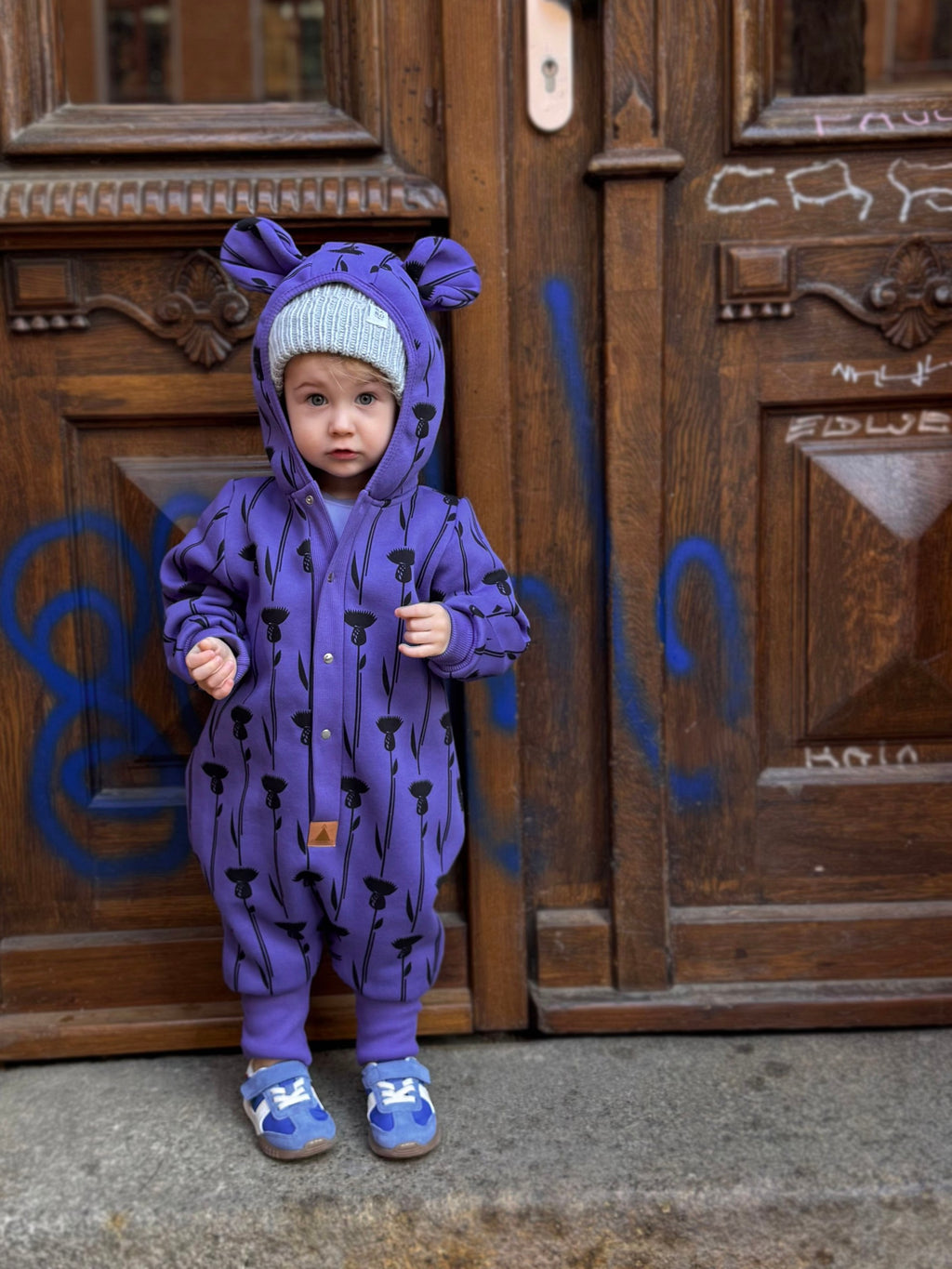 Baby Jumpsuit with Hood - Thistle on Purple