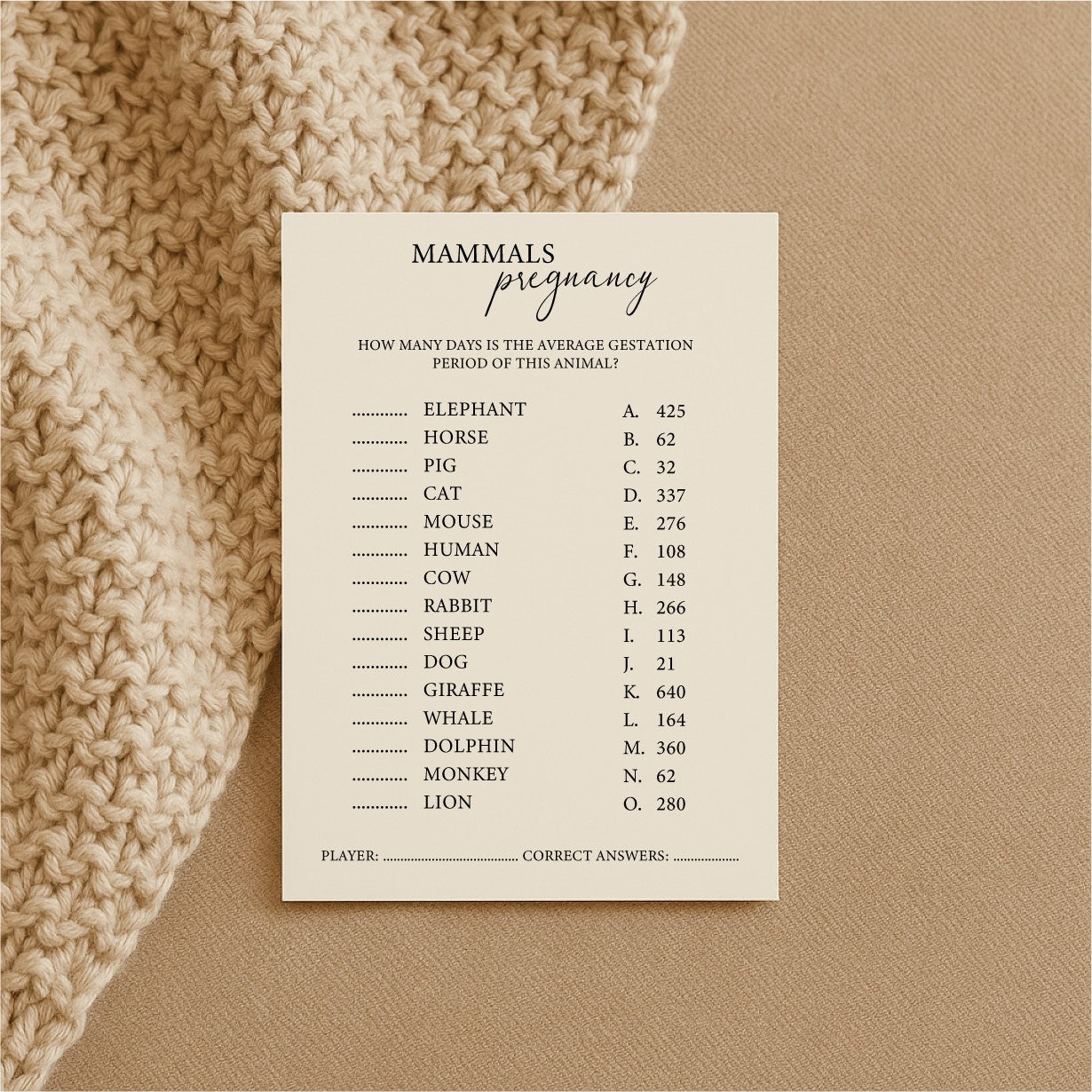 Baby Shower Game Cards - Mammals Trivia