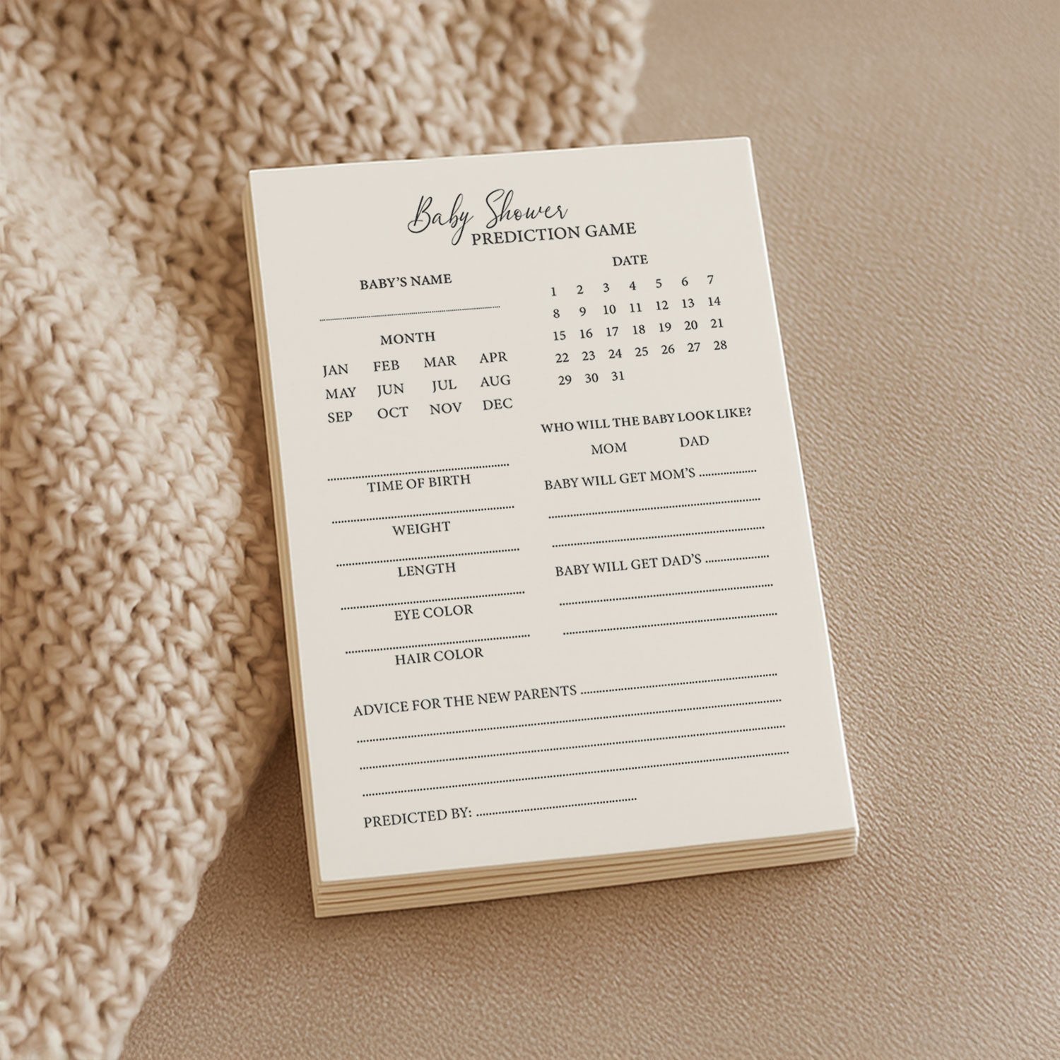 Baby Shower Game Cards - Prediction