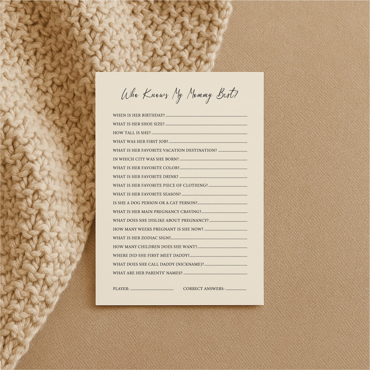 Baby Shower Game Cards - Who Knows Mommy Best