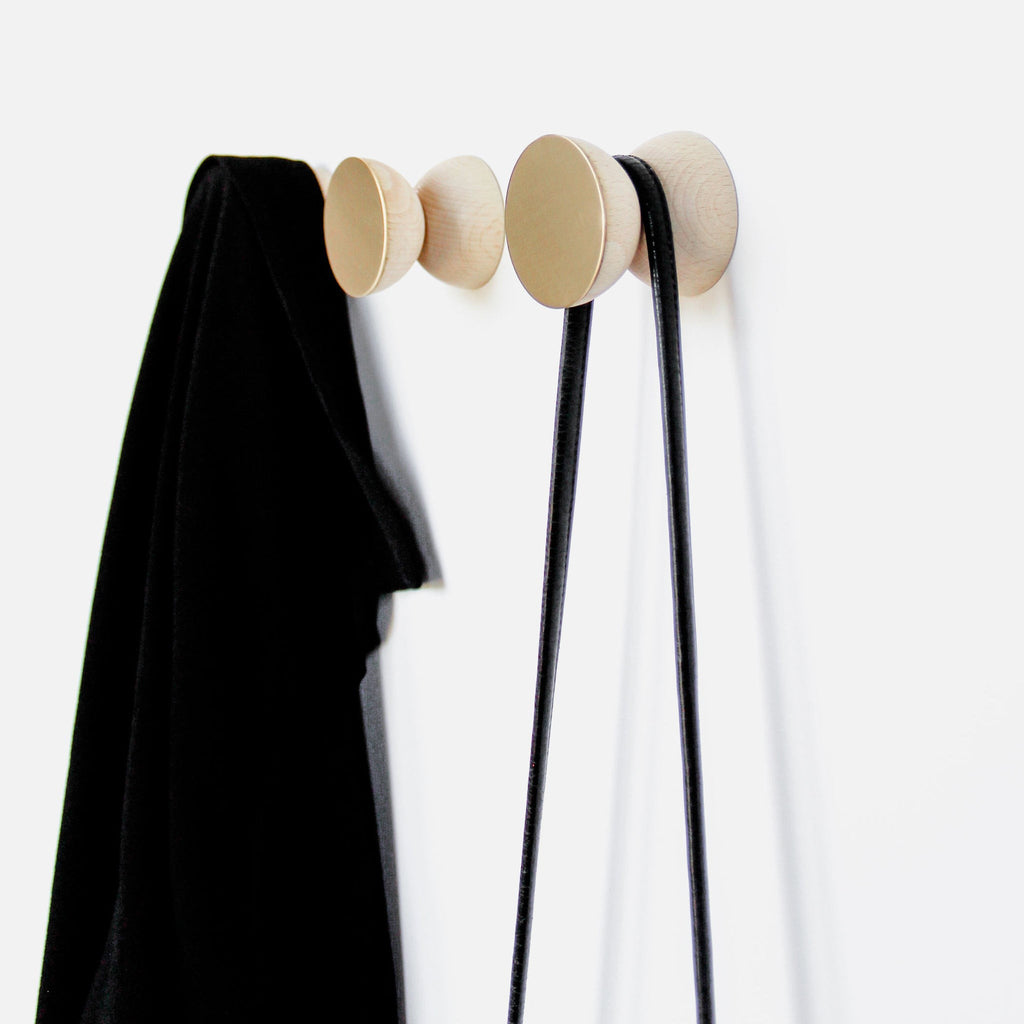 Beech Wood & Brass Wall Hook / Knob