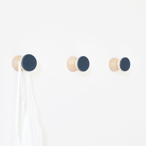 Beech Wood & Ceramic Wall Hook / Knob - Dark Blue