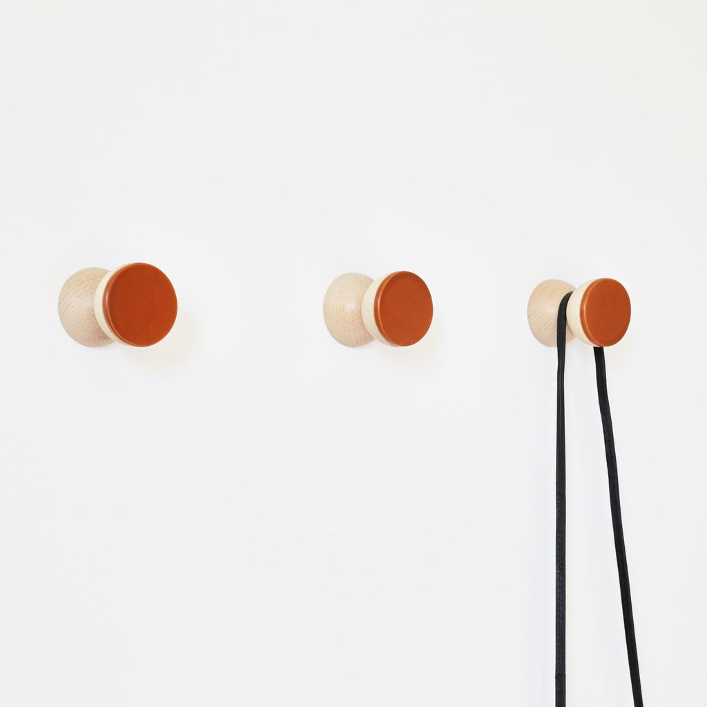 Beech Wood & Ceramic Wall Hook / Knob - Dark Terracotta Orange