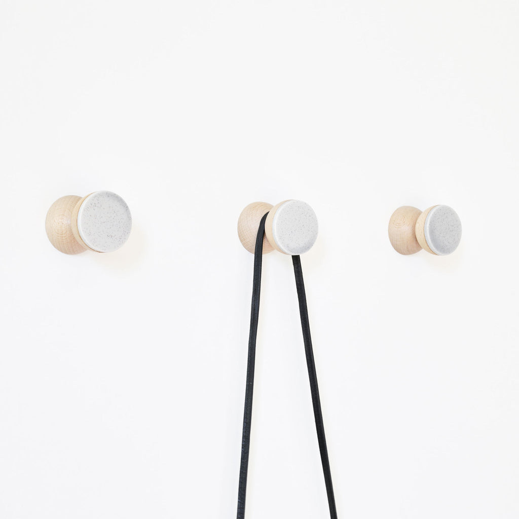 Beech Wood & Ceramic Wall Hook / Knob - Grey Sand