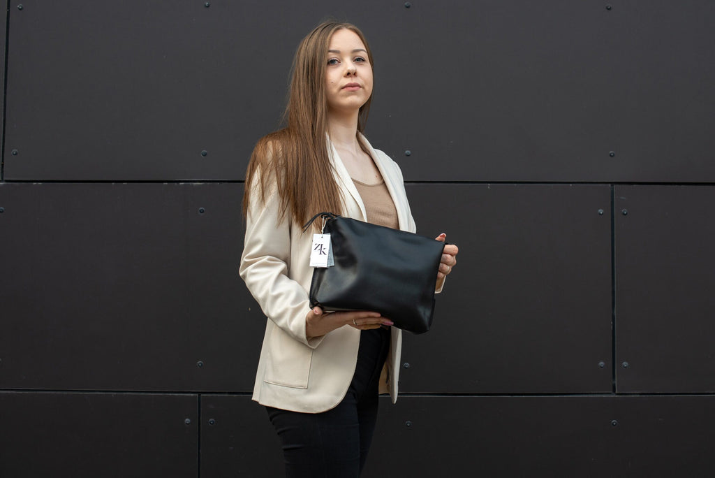 Leather Cosmetic Bag, Black - Large