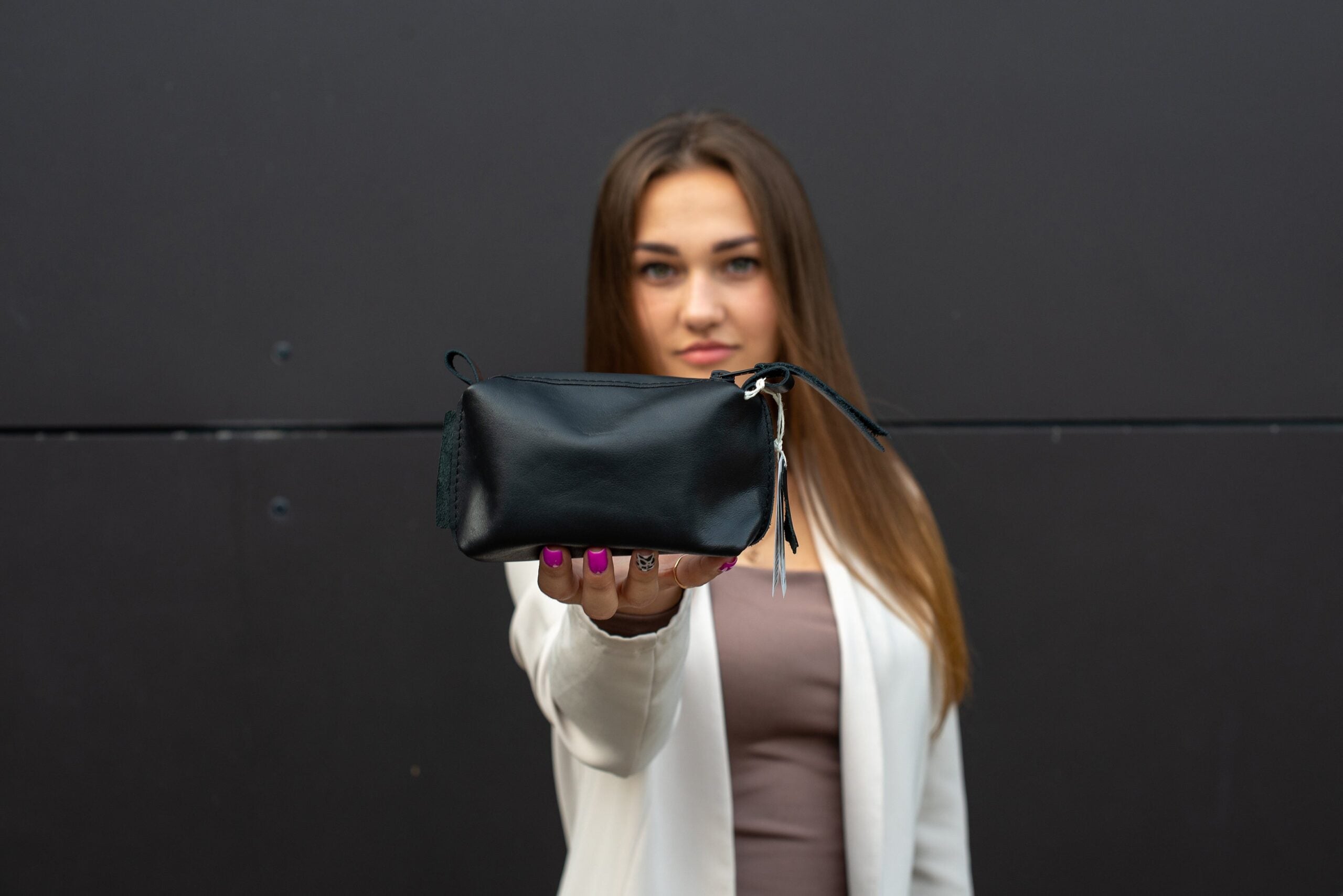 Leather Cosmetic Bag, Black - Small