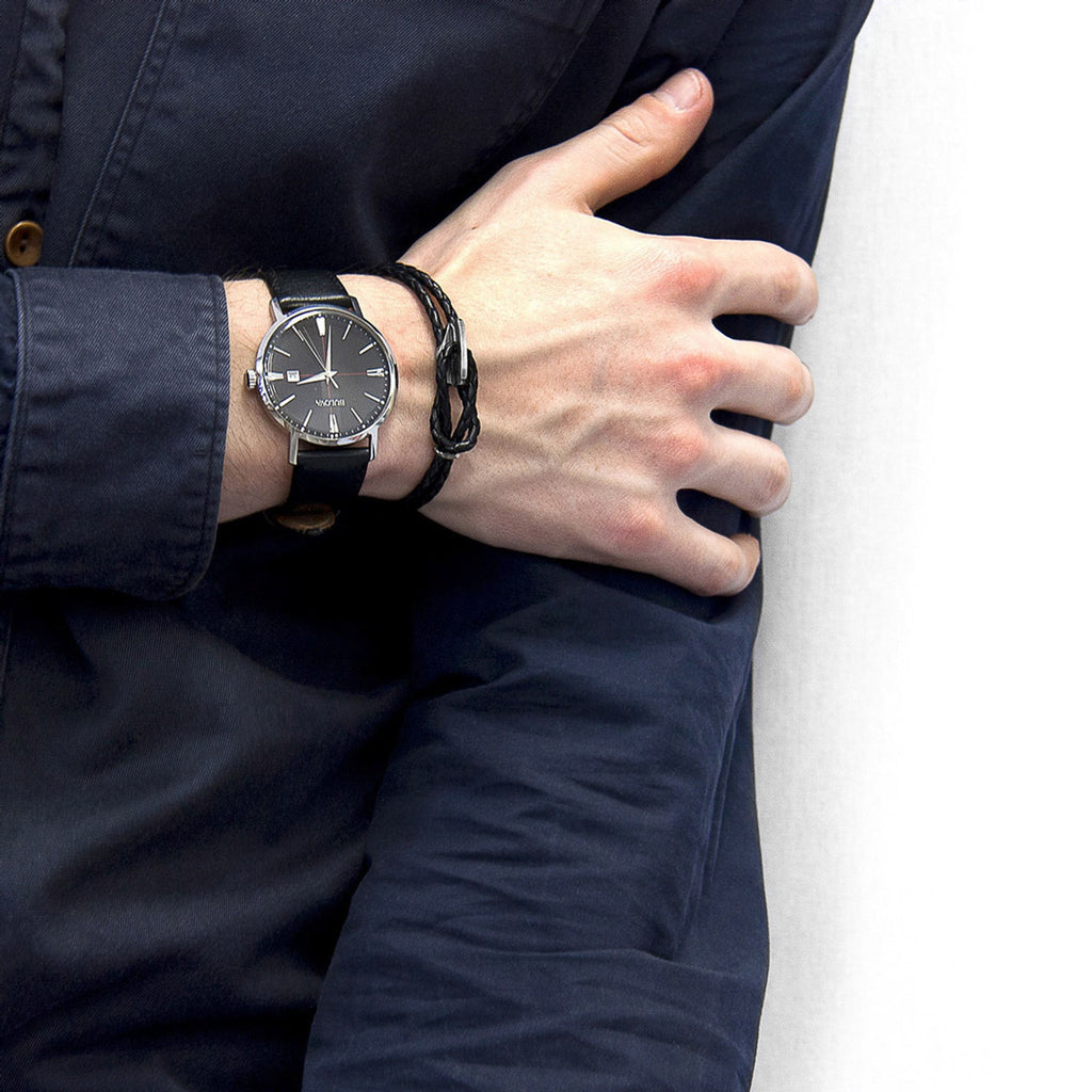 Padstow Silver and Braided Leather Bracelet - Dark Brown