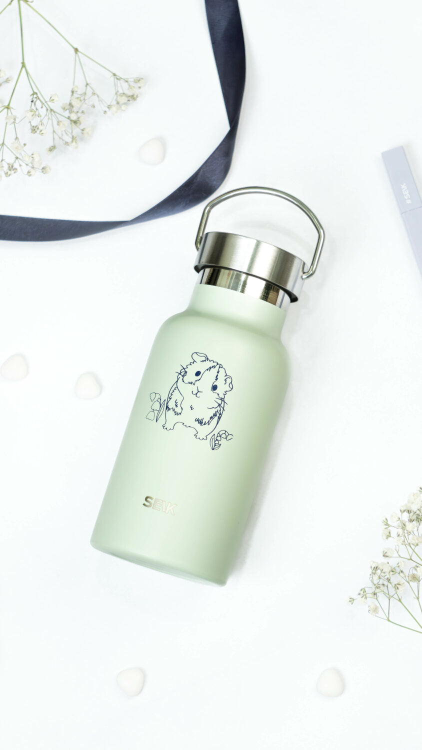 Water Bottle / Thermos – Guinea Pig – Light Green 350ml Stainless Steel