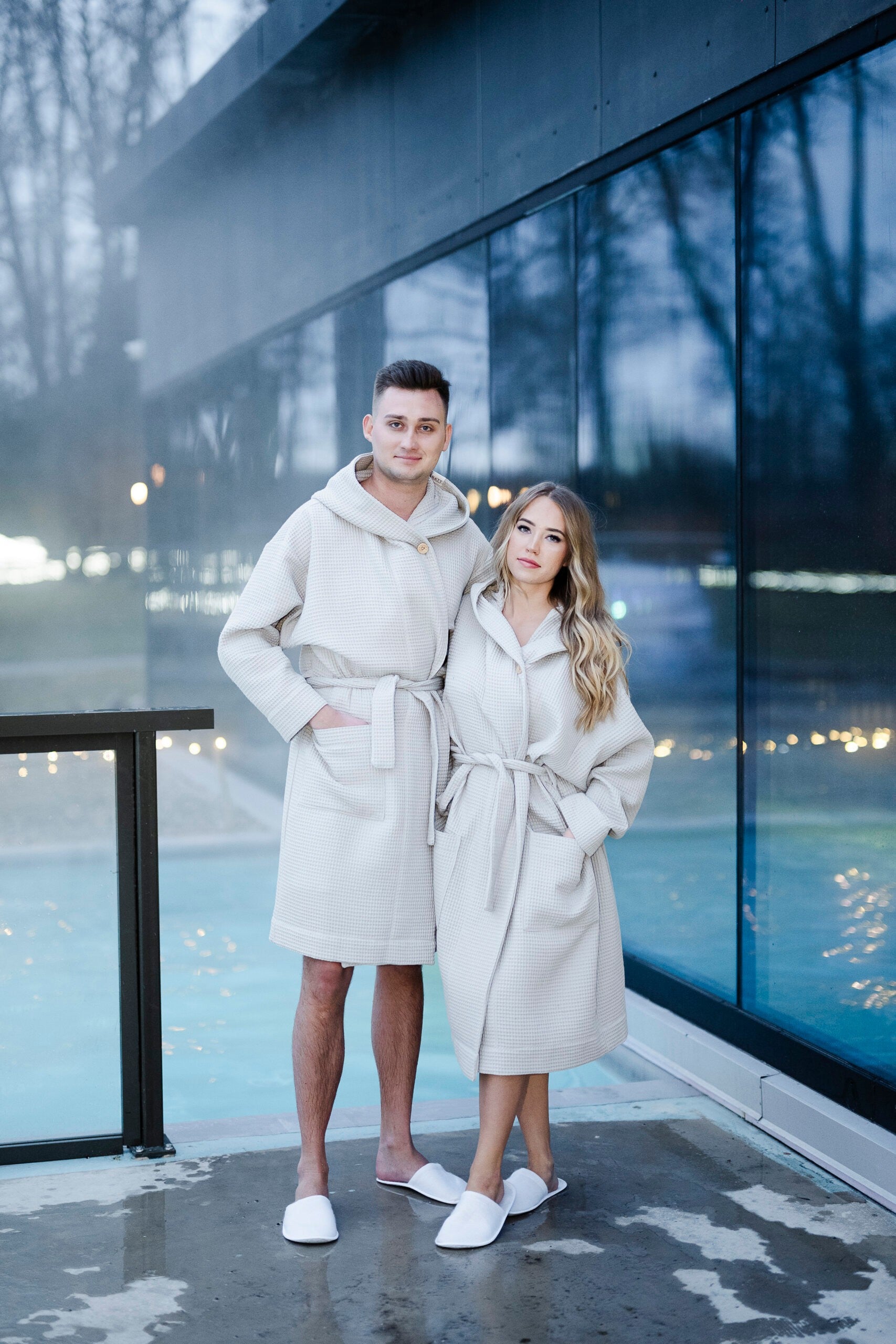 Waffle Cotton UNISEX Robe with Hood - Light Grey