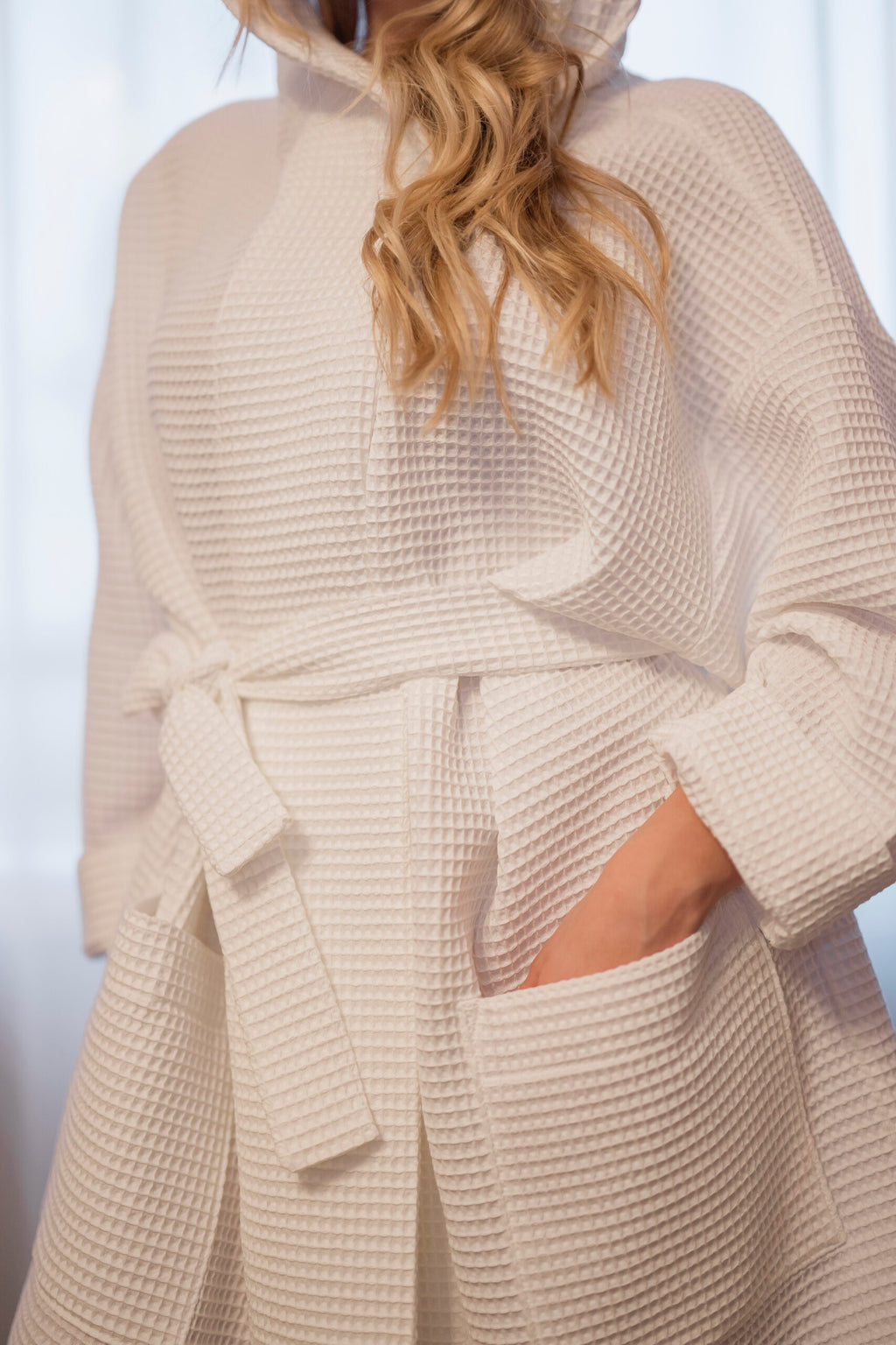 Waffle Cotton UNISEX Robe with Hood - Light Grey